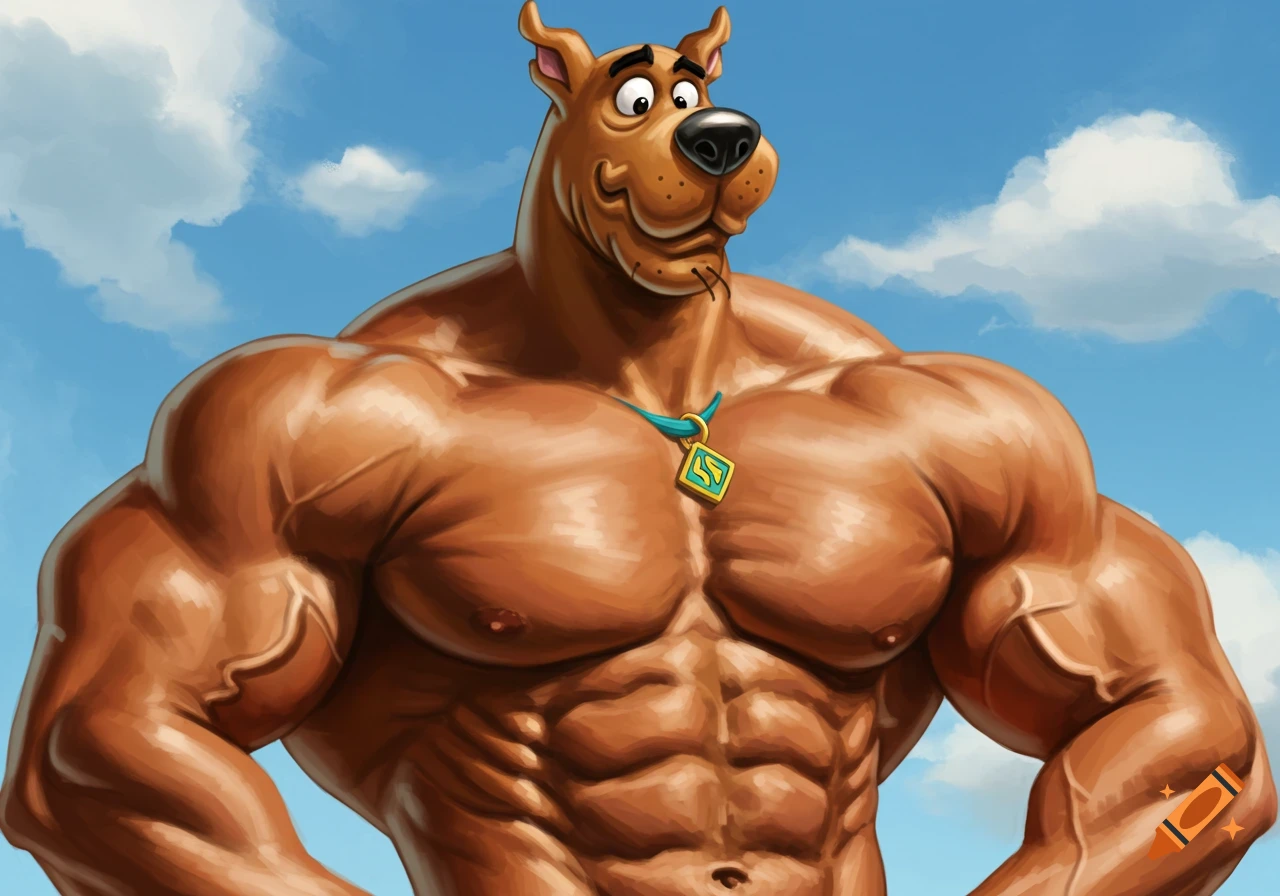 Muscular Scooby Doo posing against a blue sky with clouds