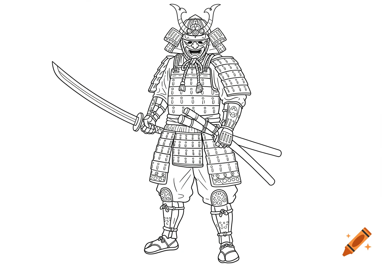 Line art of a samurai in armor holding a sword