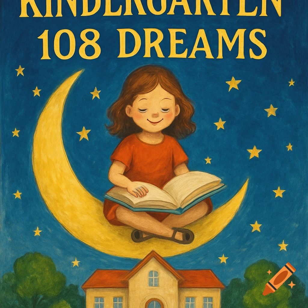 Illustration of a cartoon girl sitting cross-legged on a crescent moon, reading a book, above a school building at night. Stars are scattered around. The text "KINDERGARTEN 108 DREAMS" appears above the girl.