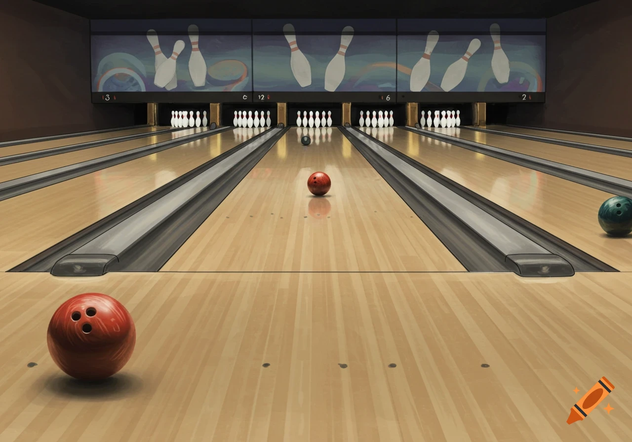 A pencil drawing illustration of a bowling alley with bowling balls and pins.