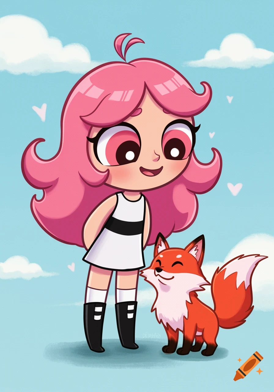 Cartoon drawing of a pink-haired girl and a fox against a blue sky with clouds.