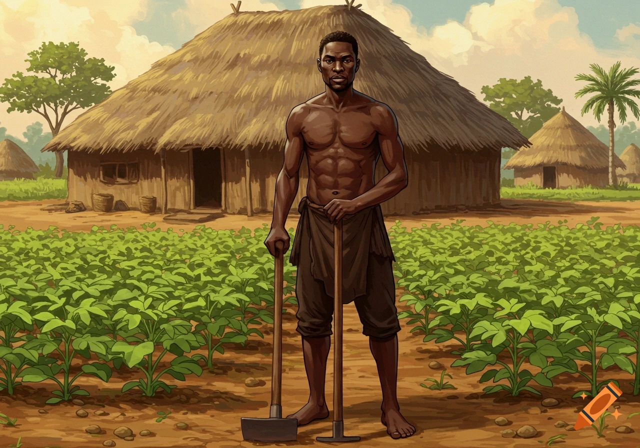Illustration of a man holding hoes in a field in front of a thatched hut.