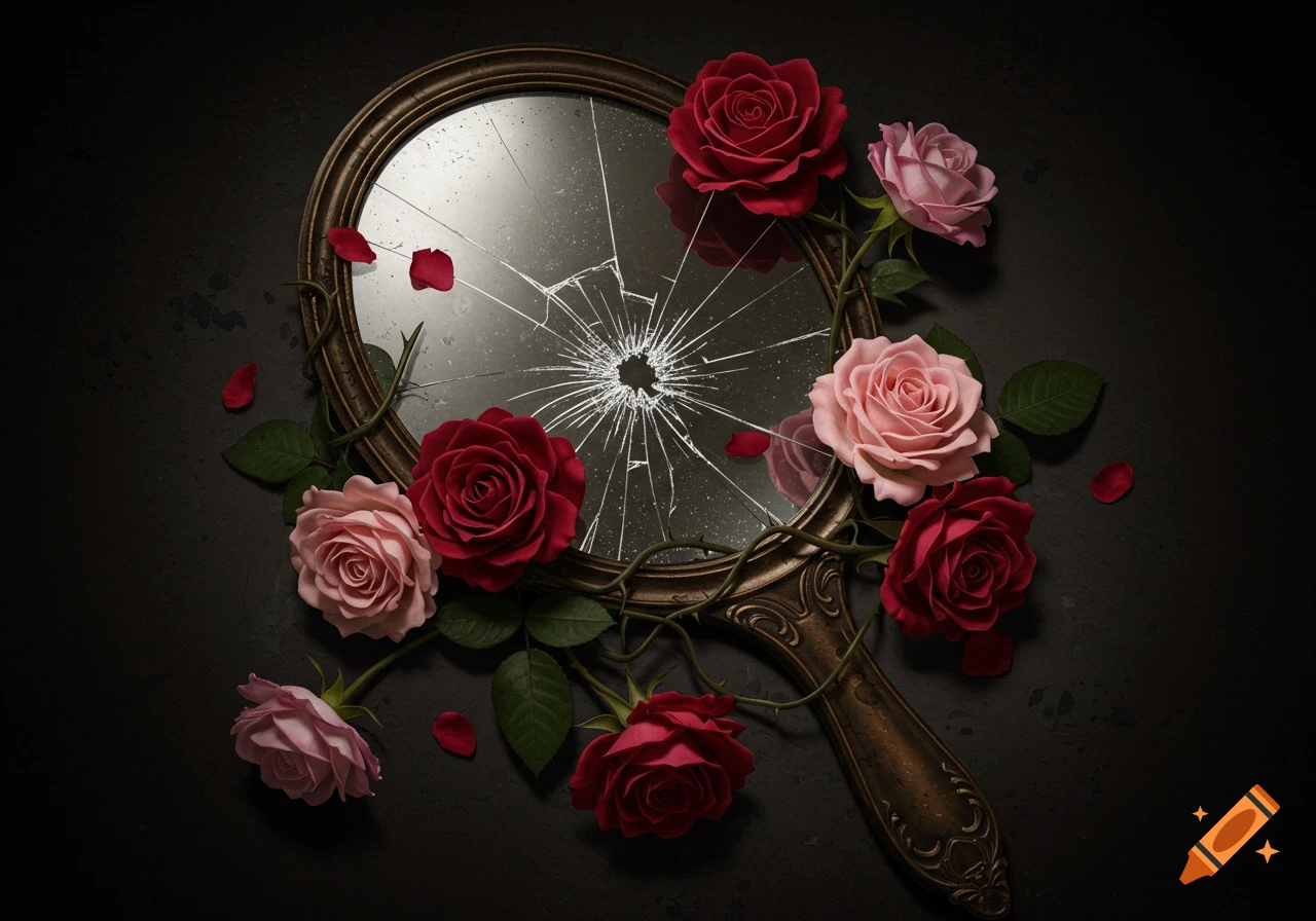 Still life of red and pink roses wrapped around a broken hand mirror on a dark surface.