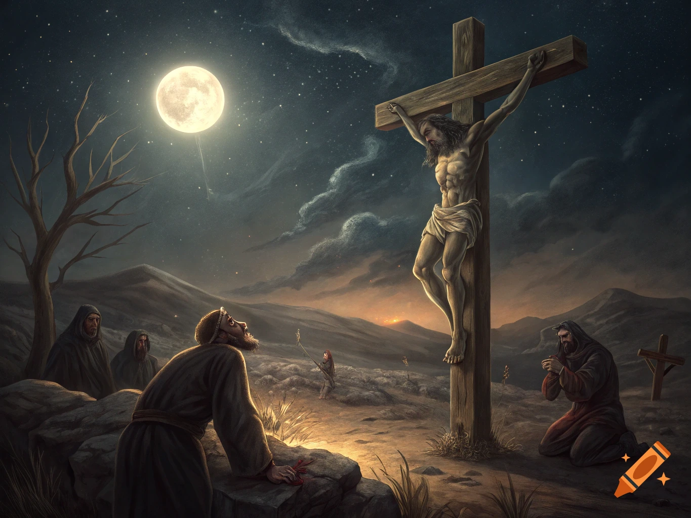 Jesus on the cross at night, figures kneeling in the desert under a large moon.