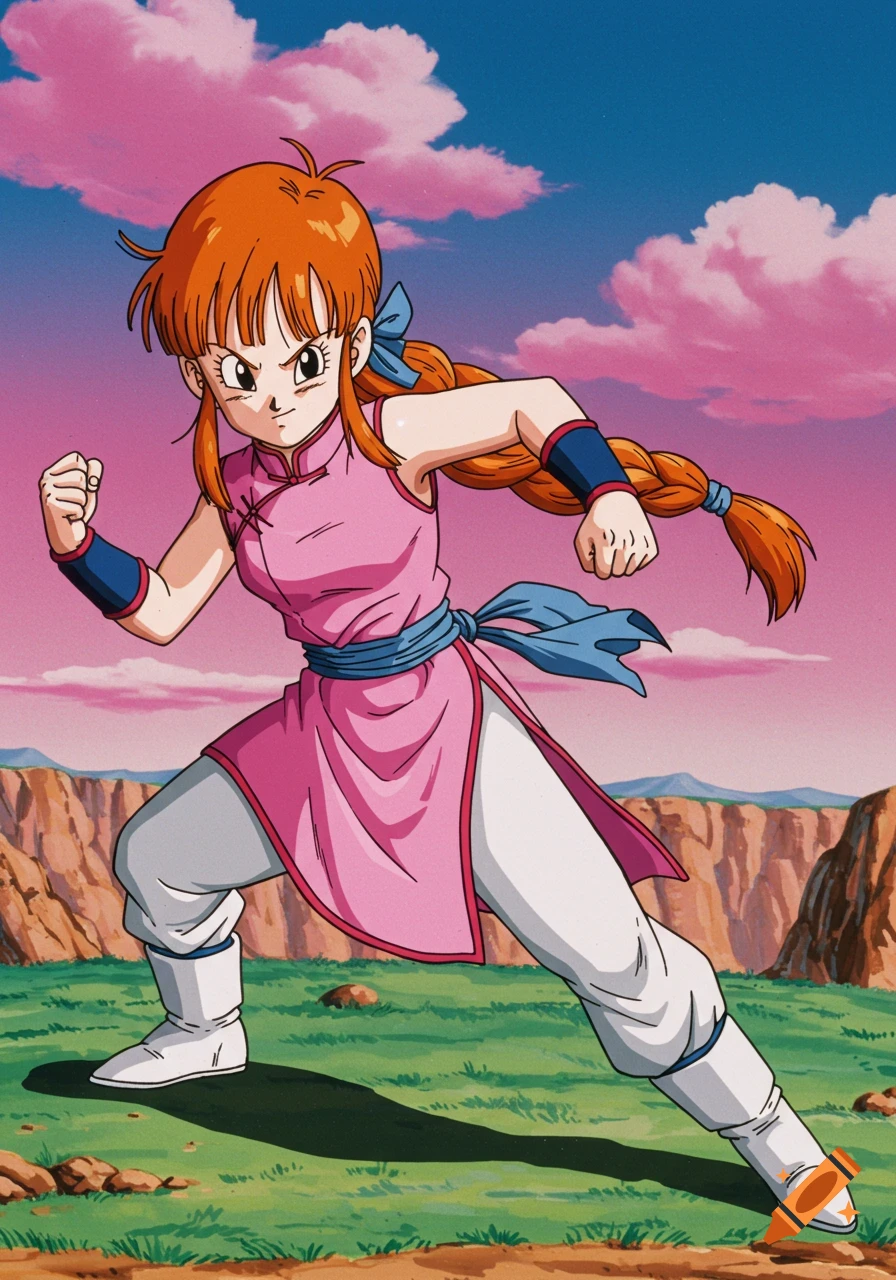 Anime character Chi-Chi from Dragon Ball Z in a fighting stance, wearing a pink dress and white pants, outdoors with mountains.