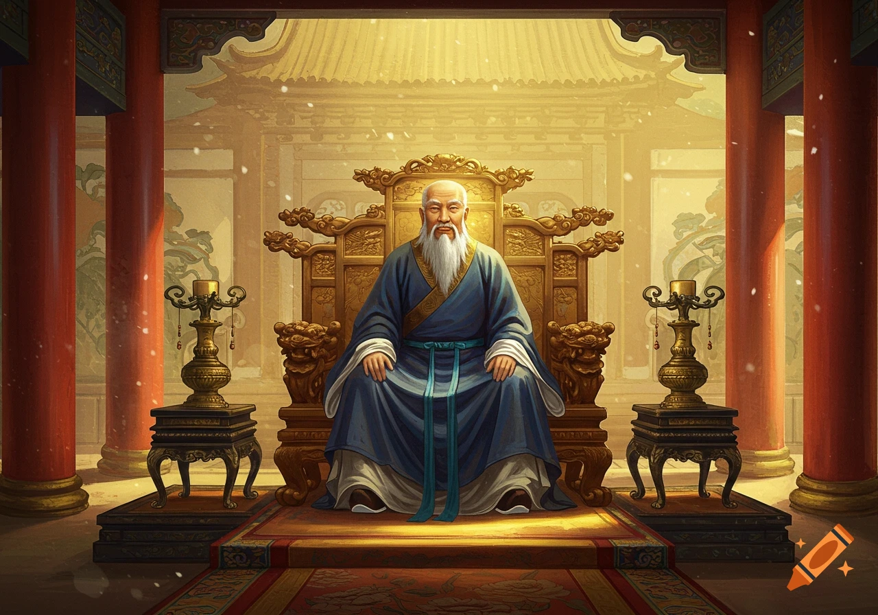 Elderly man with long beard on a golden throne in a grand Chinese court.