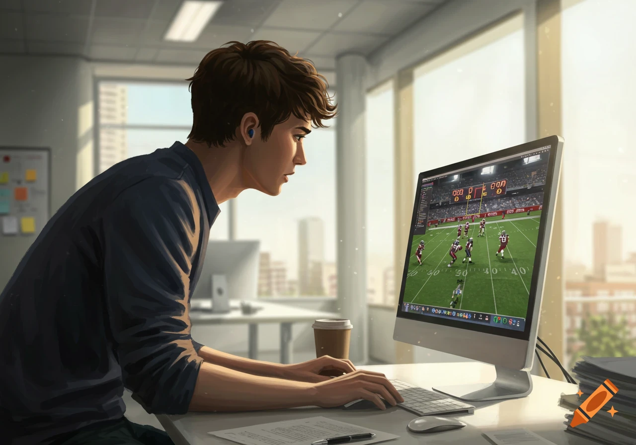 A person sits at a desk in an office, watching a football game on a desktop computer.