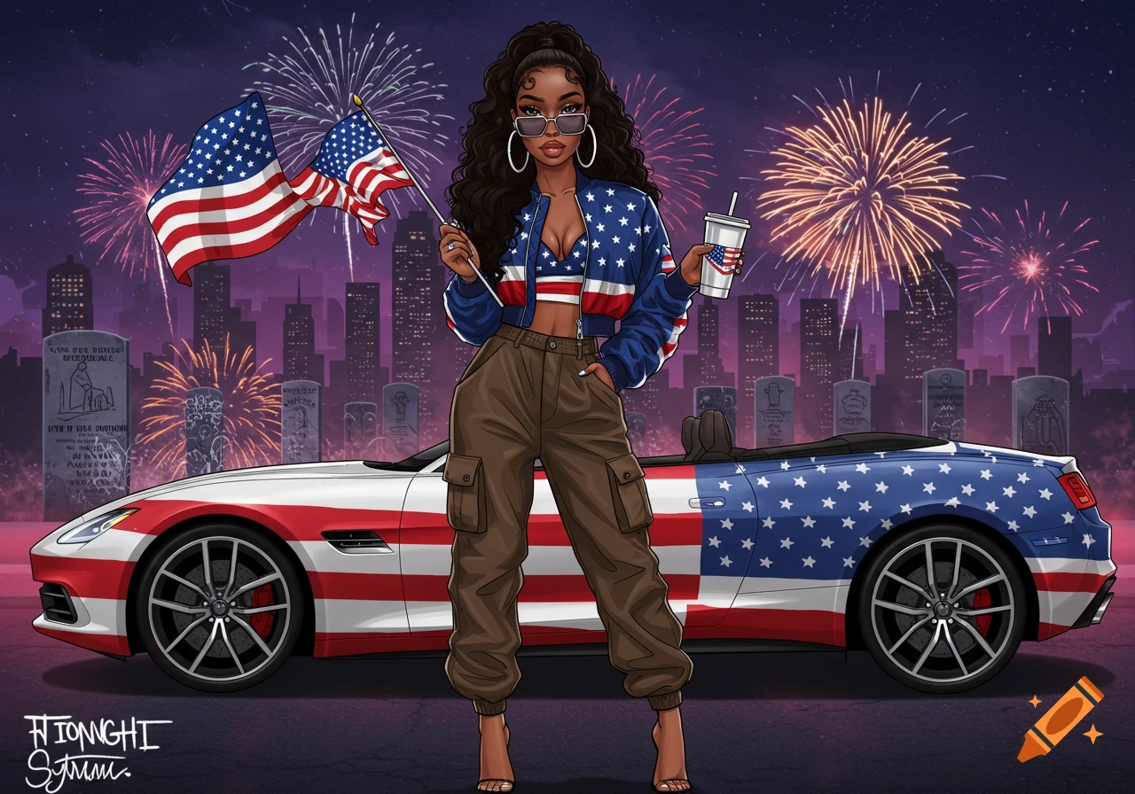 Vector illustration of a woman in patriotic fashion next to an American flag themed car with fireworks and cityscape.