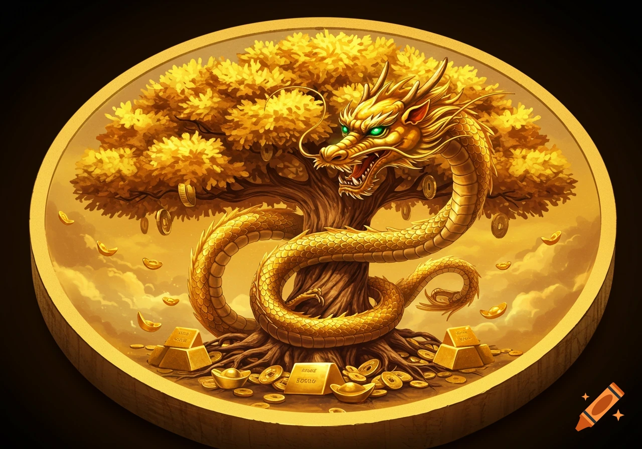 A golden dragon is wrapped around a golden money tree within a large golden coin, with gold coins and bars below.