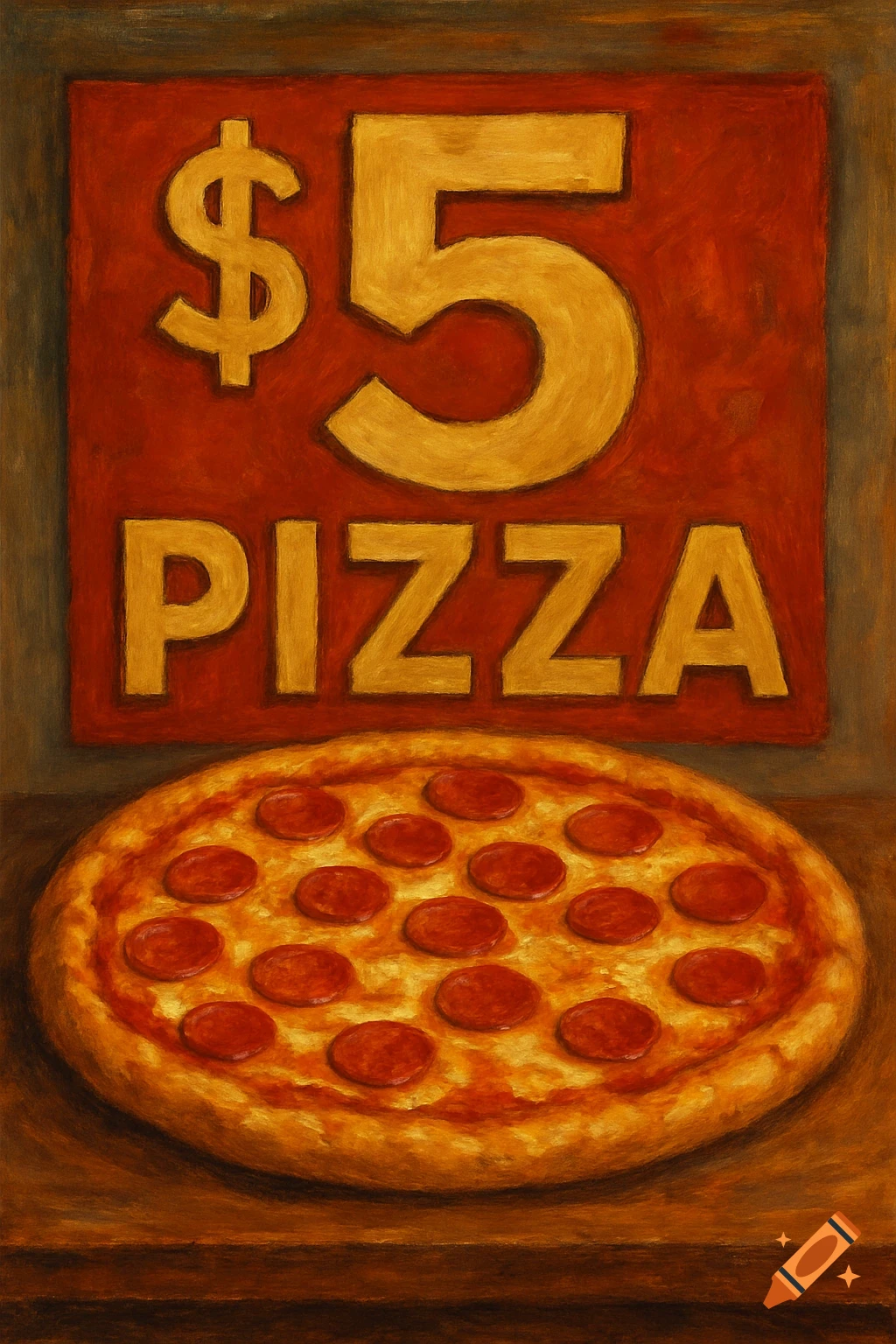 A painting of a pepperoni pizza on a wooden surface with a sign above it that says '$5 PIZZA'.