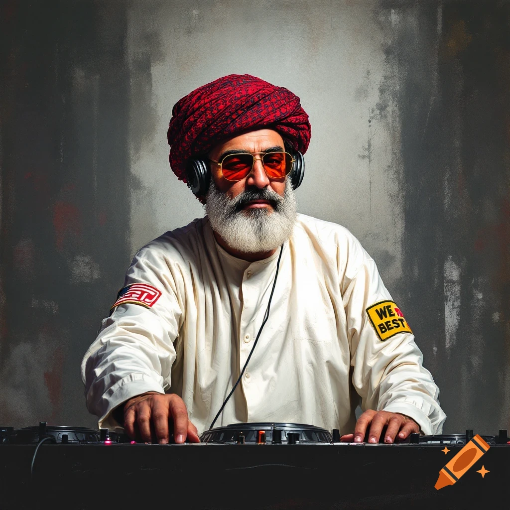 Portrait of an older man with a red turban, sunglasses, and headphones DJing.
