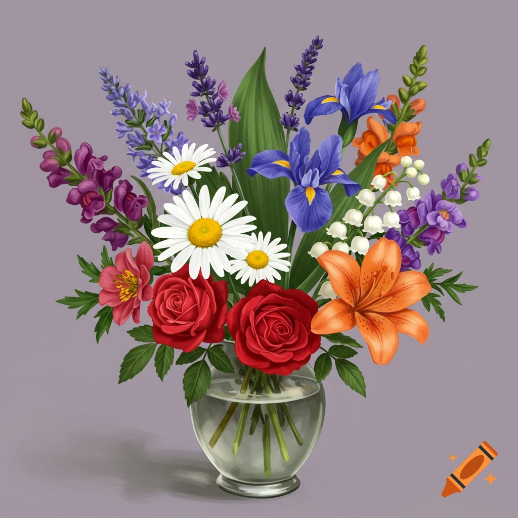 An illustration of a colorful bouquet of mixed flowers in a glass vase.