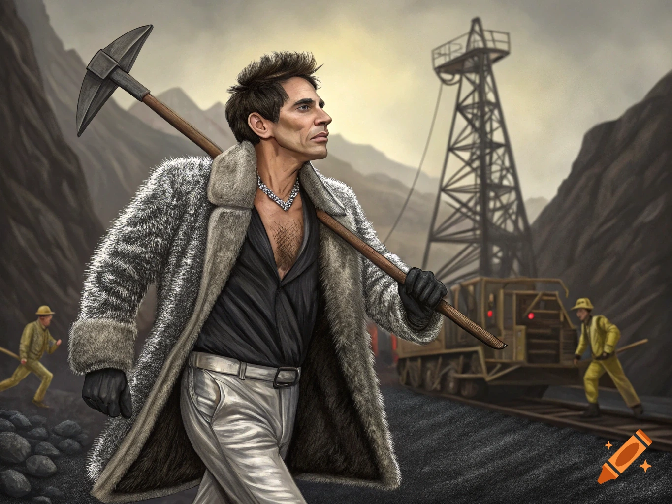 A man in a fur coat with a pickaxe in a coal mining scene.