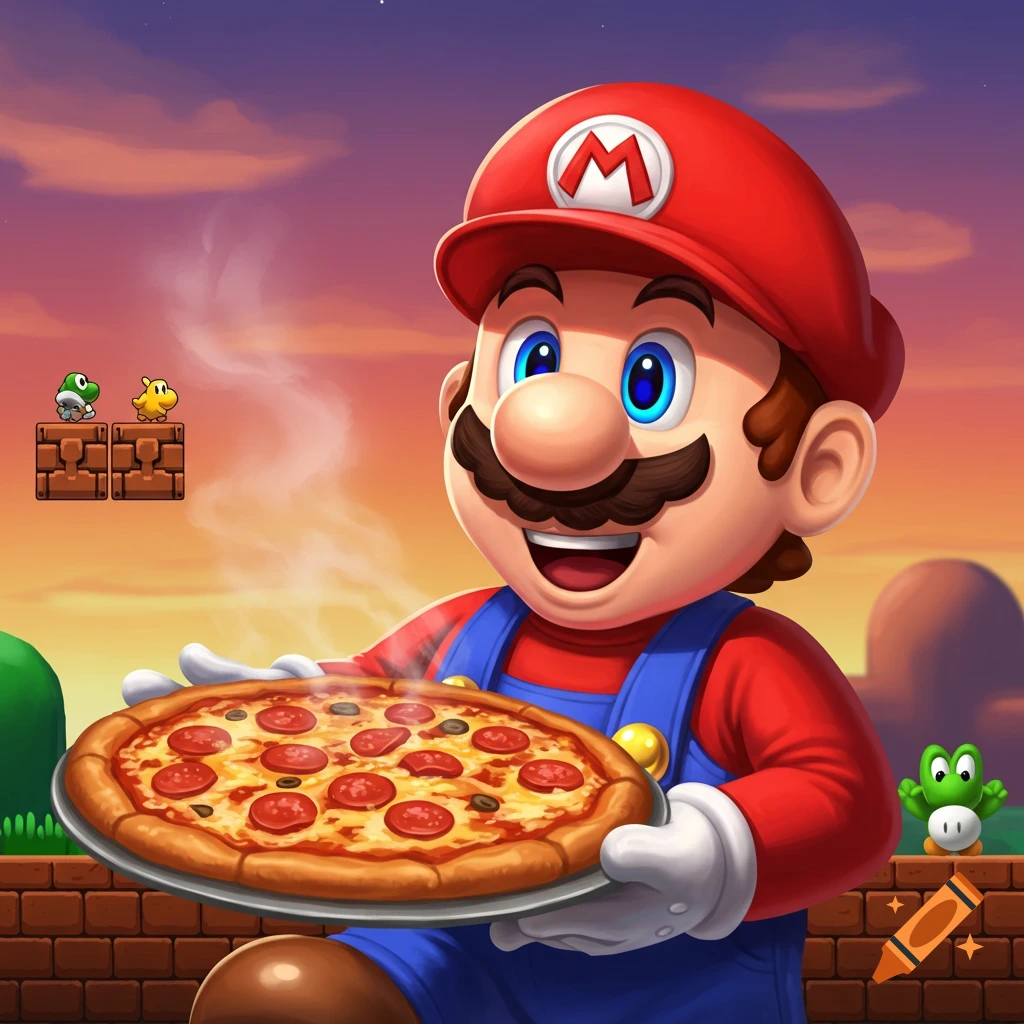 Mario holds a steaming pizza in a colorful background with pixelated blocks and characters.