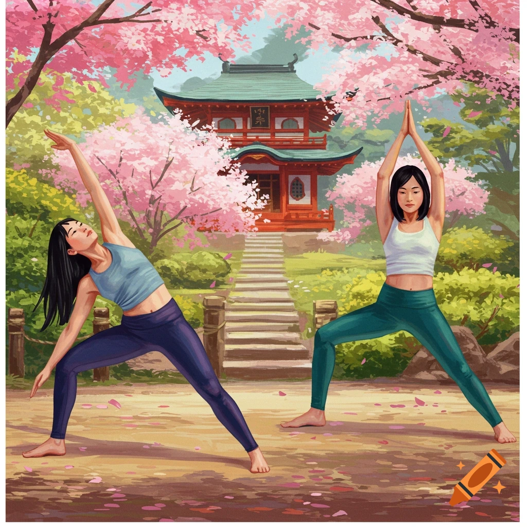 Two women do yoga poses in an illustrated Japanese garden with cherry blossoms and a pagoda.