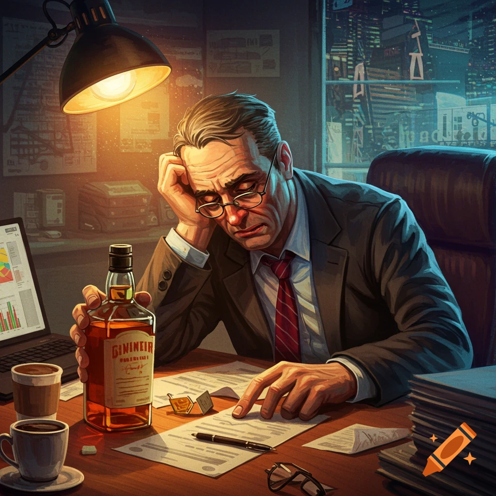 An illustration of a tired man in an office at night, looking over papers and holding a bottle of liquor.