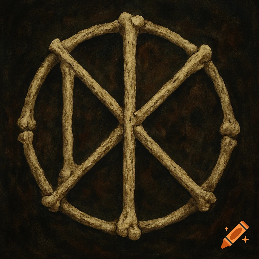 A symbol resembling a wheel made of bones on a dark background.