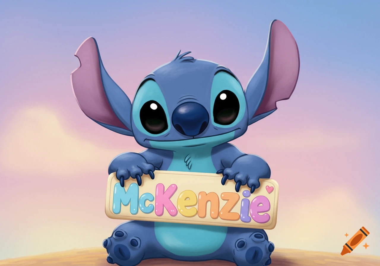 Cartoon illustration of Stitch holding a sign that says McKenzie