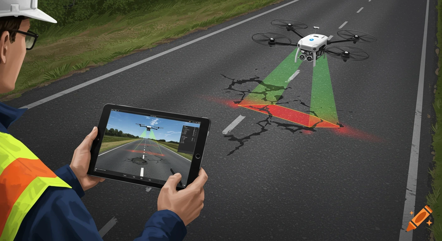 Illustration of an engineer using a tablet to monitor a drone inspecting cracks on a roadway.