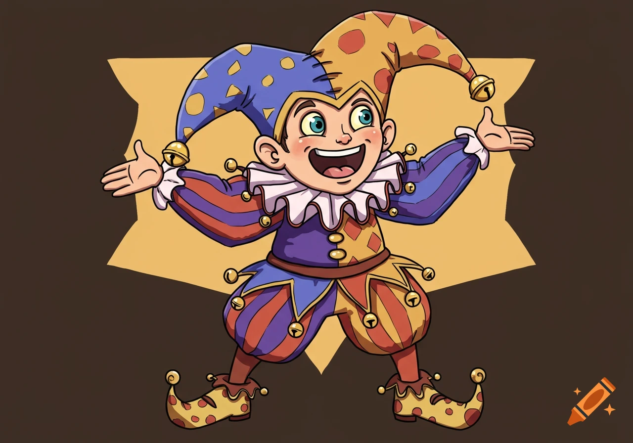 A cartoon jester with big eyes and polka-dotted shoes stands smiling with arms outstretched against a star shape.