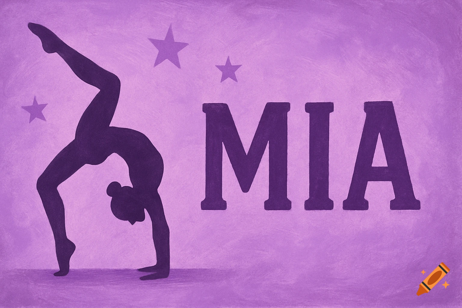 Purple background with a gymnast silhouette, stars, and the name MIA