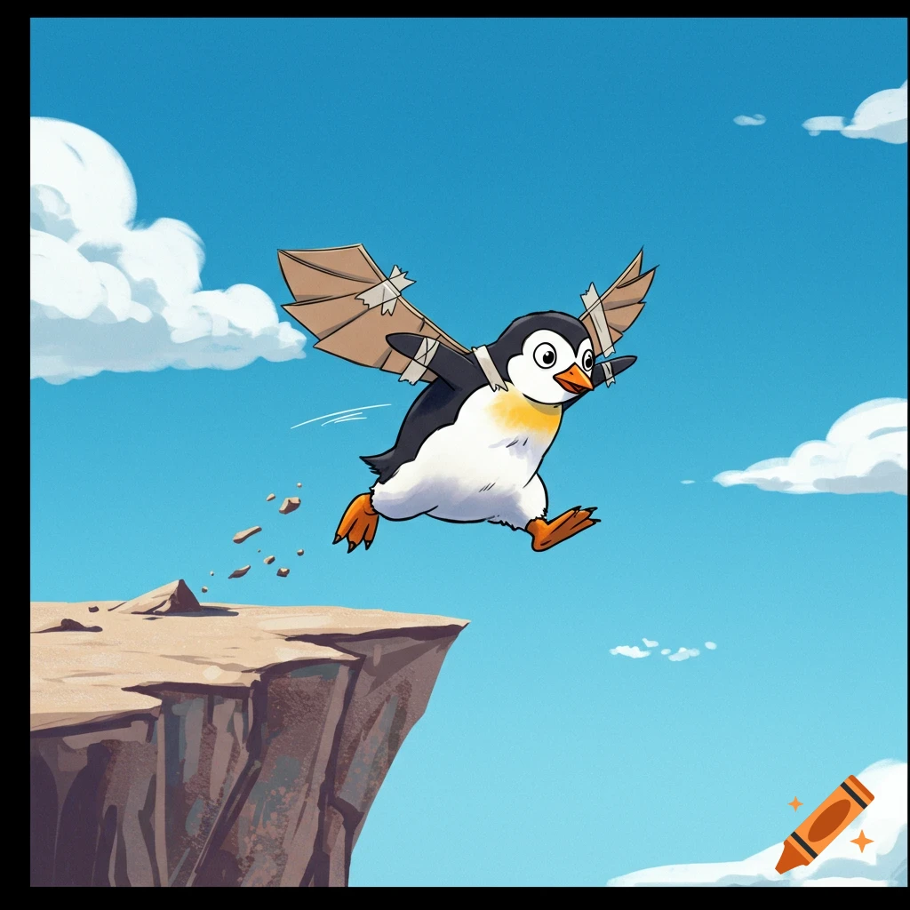 Cartoon penguin with cardboard wings leaps off a cliff under a blue sky.