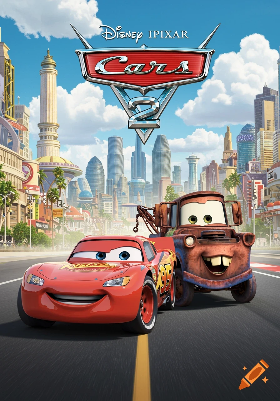 Movie poster for Cars 2 featuring Lightning McQueen and Mater on a road with a futuristic city skyline behind them, with the movie title logo.