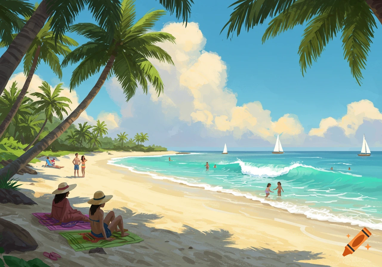 A stylized illustration of a tropical beach with palm trees, people sunbathing and swimming, and sailboats on the water.