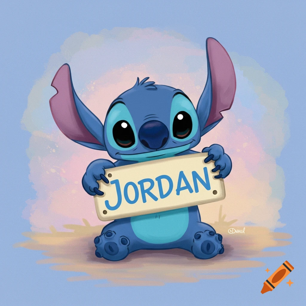 A cartoon of Stitch holding a sign with the name JORDAN written on it.