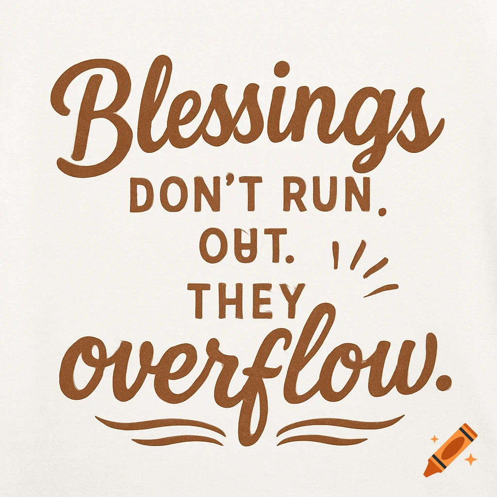 Inspirational quote 'Blessings don't run out. They overflow.' in brown script and block text on white background.