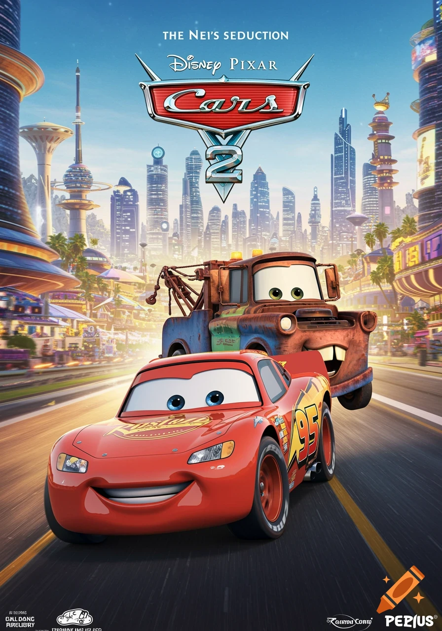 Movie poster for Cars 2 featuring Lightning McQueen and Mater in a futuristic city.