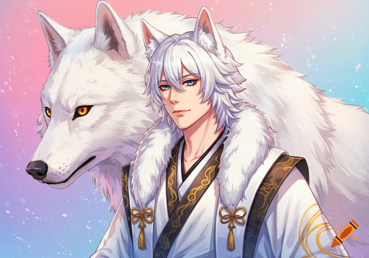 Anime man with white hair, wolf ears, and a kimono stands in front of a white wolf.