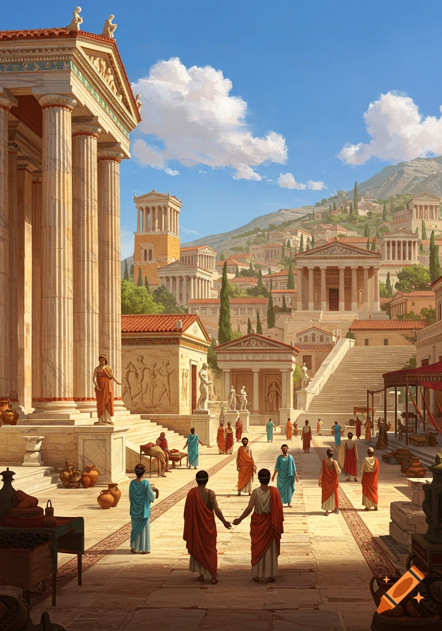 View of an ancient Greek city with classical buildings, temples, and figures in a plaza.