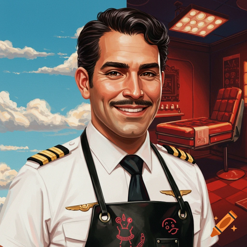 Smiling man in pilot shirt and apron stands before sky and room background