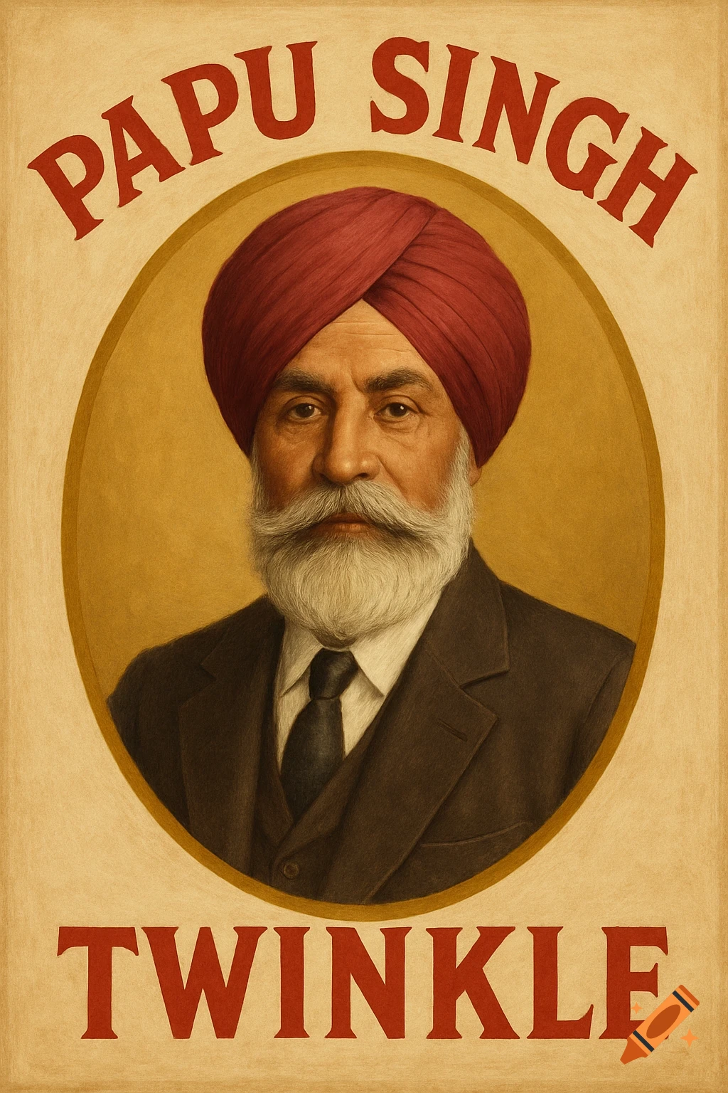 Traditional style portrait of a man with a red turban and white beard, wearing a suit, with text 'PAPU SINGH' and 'TWINKLE'.