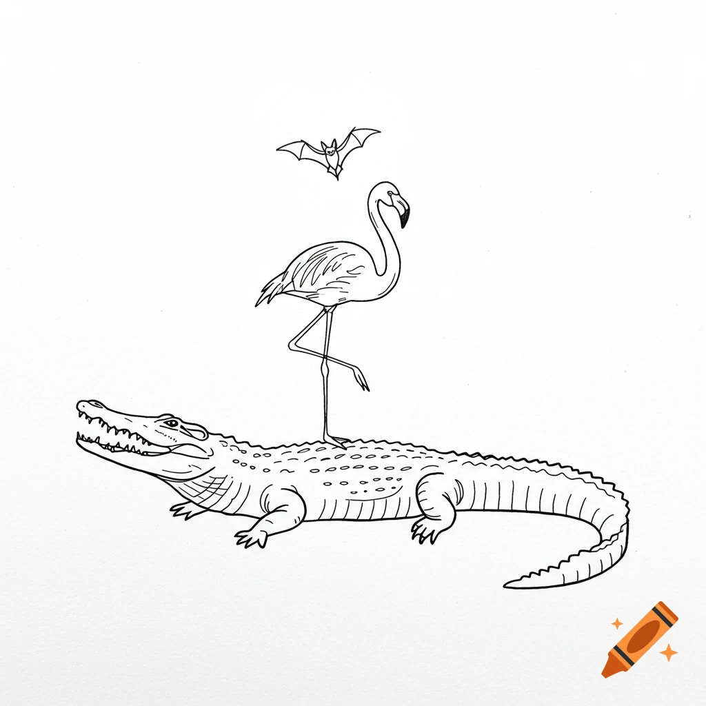 Minimalist line drawing of a flamingo standing on a crocodile's back with a bat hovering above.