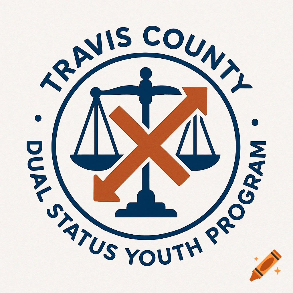 Logo for Travis County Dual Status Youth Program featuring scales of justice crossed by orange arrows.