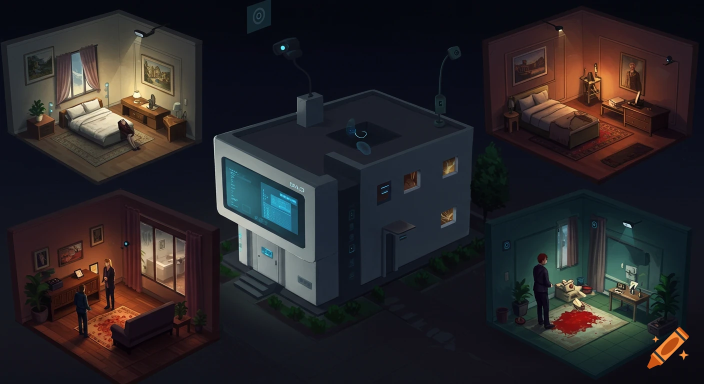 Isometric view of a smart house with surveillance, showing various rooms including bedrooms, a living room, and a crime scene.