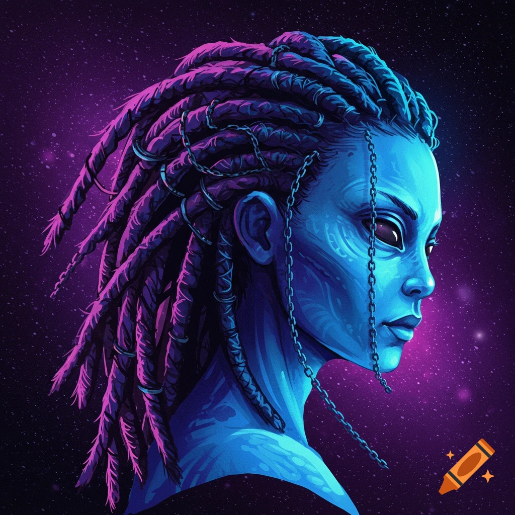 Blue-skinned alien with dreadlocks and chains against a starry purple background, stylized portrait.