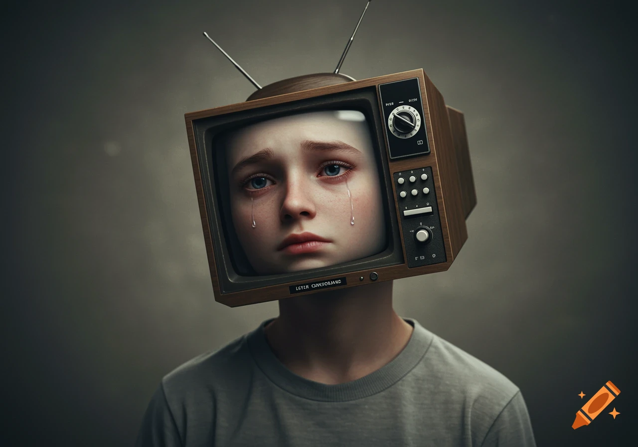 Photorealistic portrait of a boy with a vintage television head, crying.