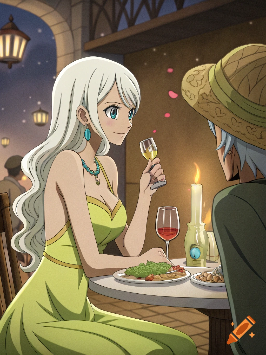 Anime couple with white-haired woman having a romantic dinner at a restaurant.