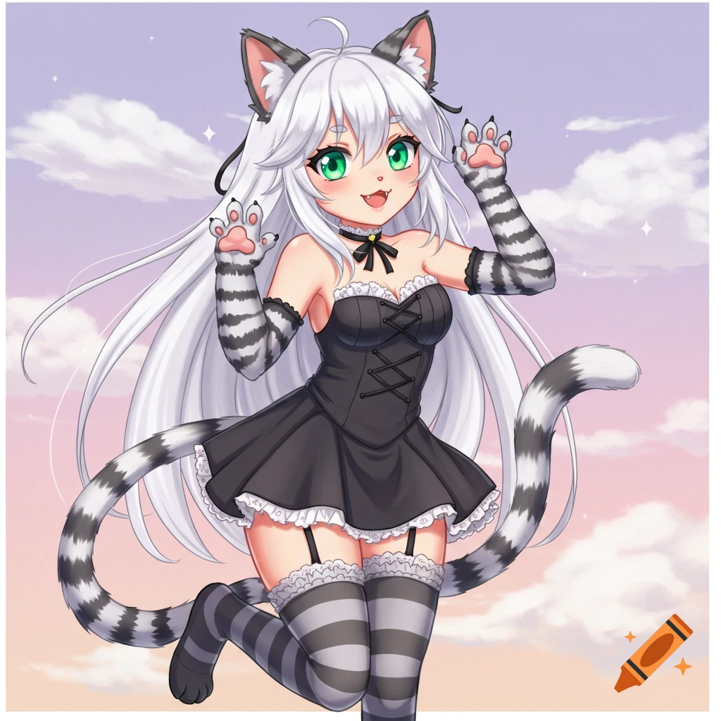 Anime catgirl in a black dress with cat ears and tail, posing with paws up against a pastel sky.