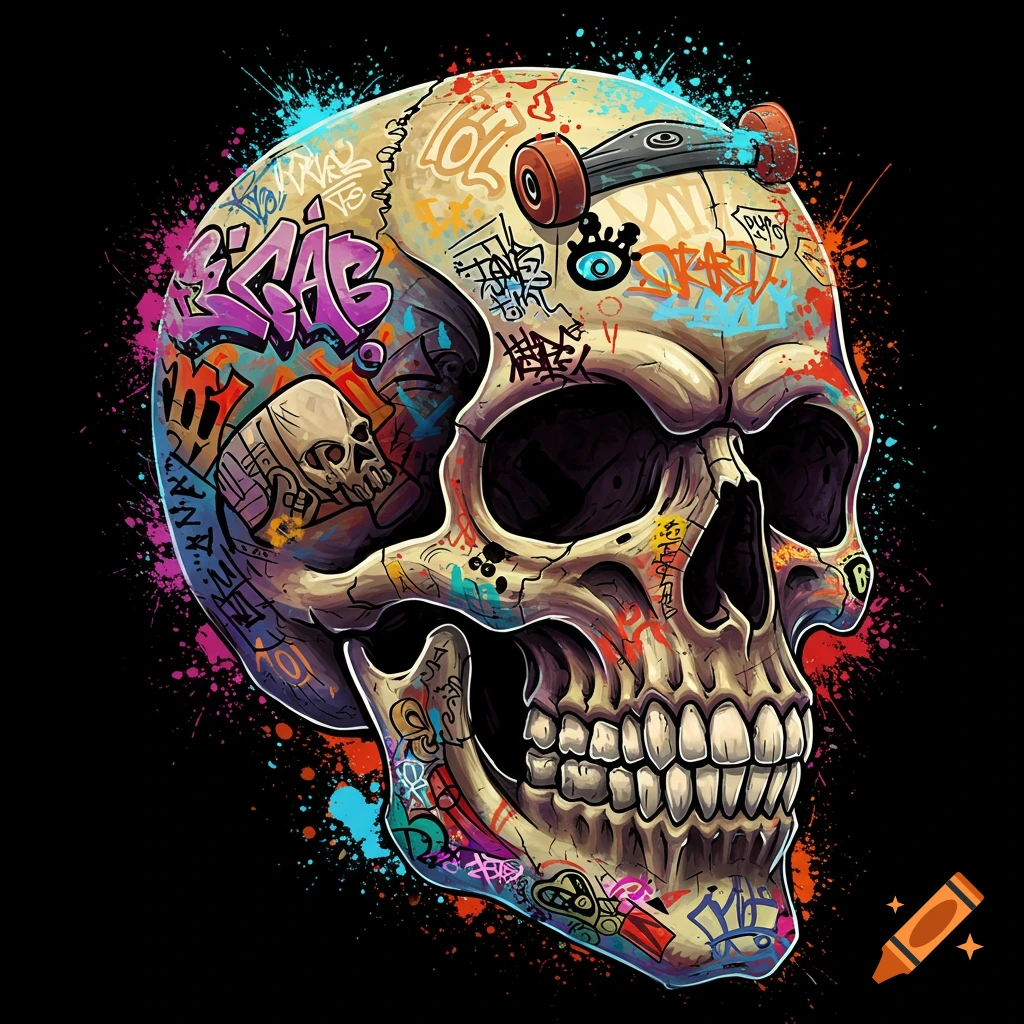 Stylized skull covered in colorful graffiti tags with a skateboard truck and wheels attached to the top.