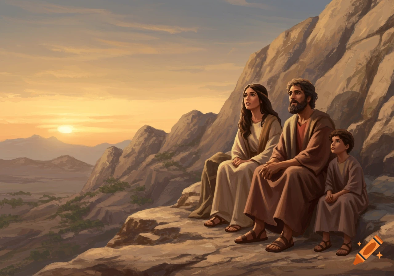 Family sitting on a mountain observing a sunset, painted style