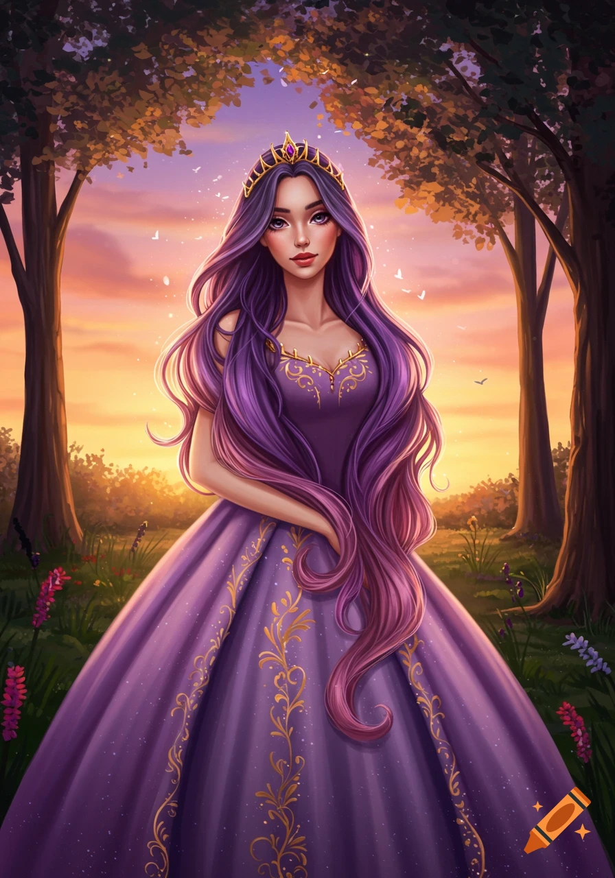 A fantasy princess with long purple hair and a purple dress in a forest ...