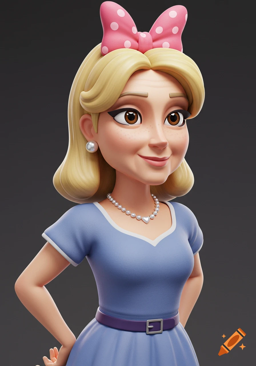 3D cartoon portrait of a smiling woman with a pink bow and pearl necklace.