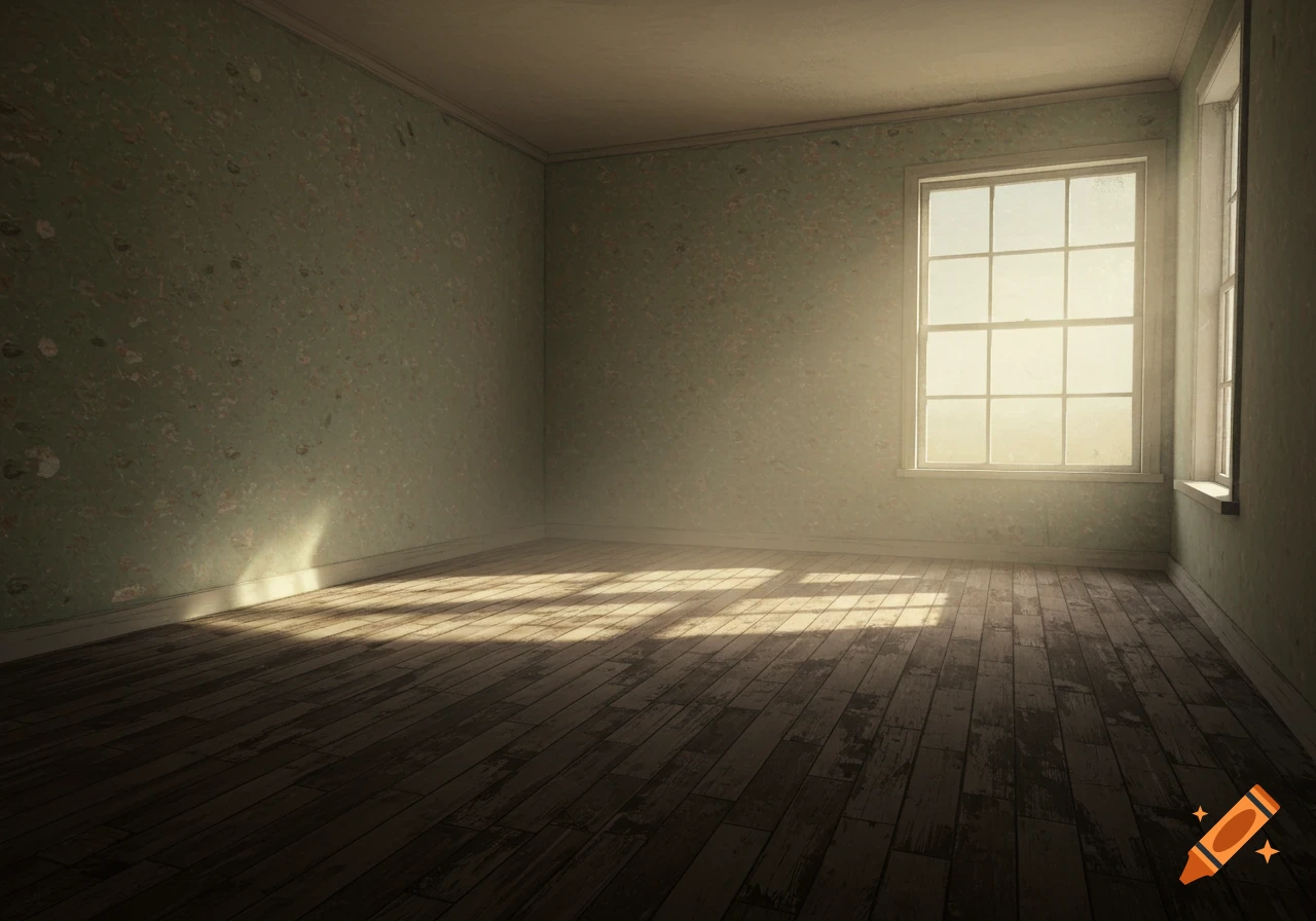 Sunlight streams through a large window into an empty room with green wallpaper and wooden floors.