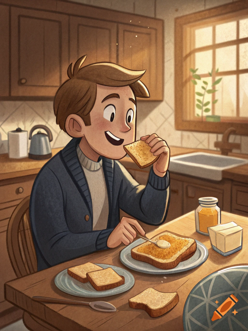 Cartoon illustration of a man eating toast in a kitchen. on Craiyon, image size:1024x1365