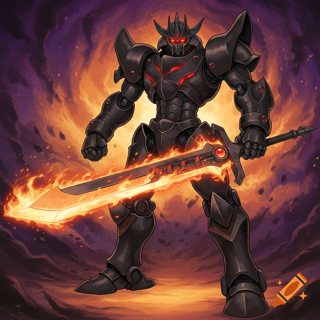 A black steel mech holding a fire sword against a fiery, smoky background, in the style of card art.