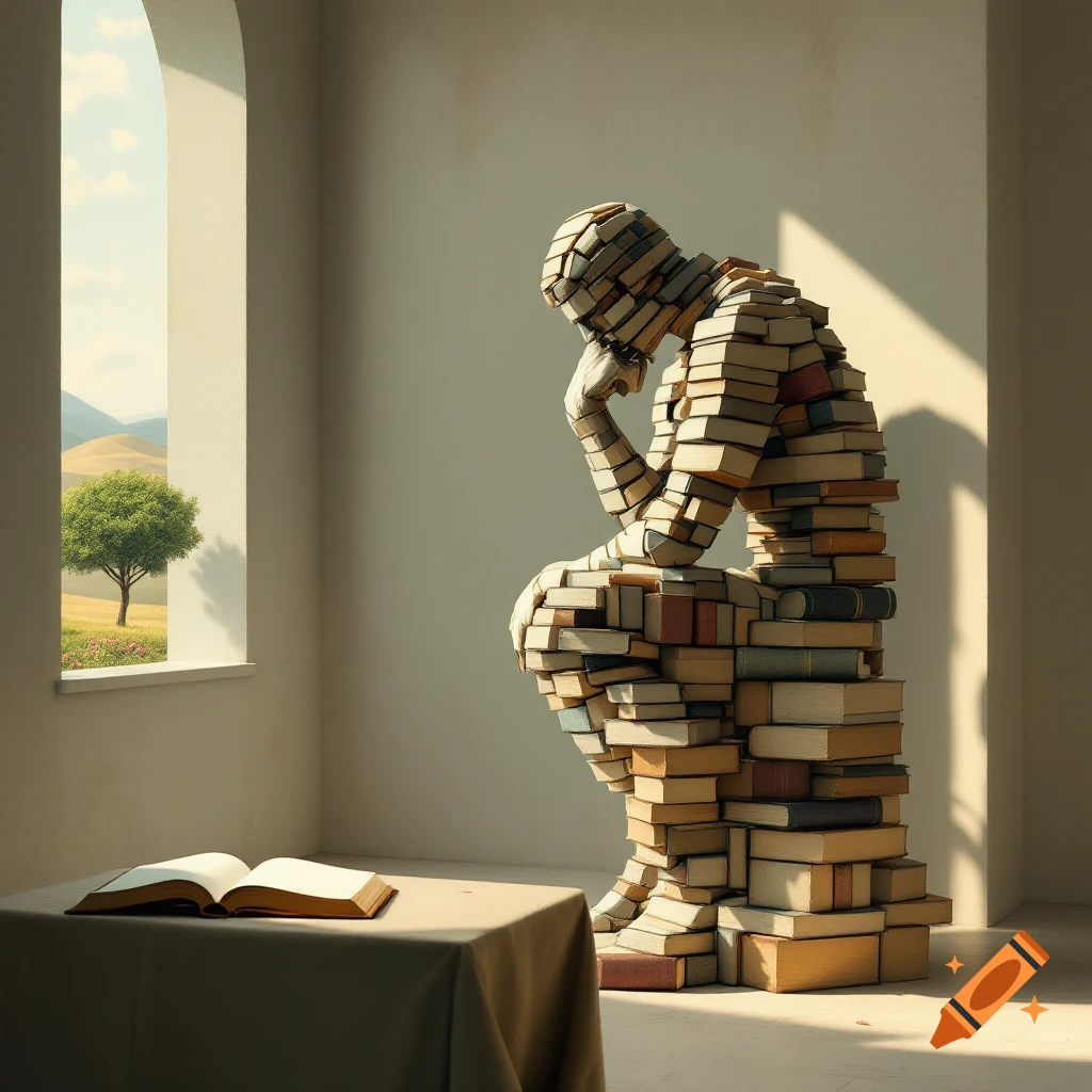 A figure of books in Rodin's Thinker pose sits by a window with an open book.